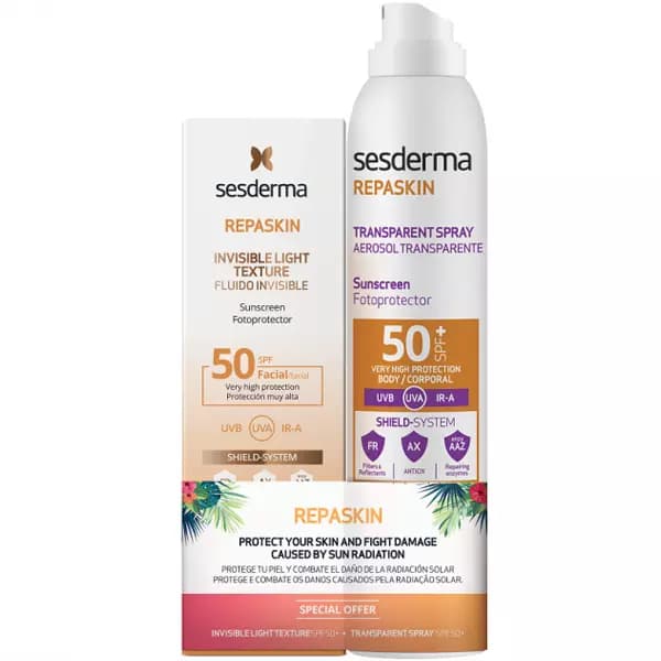 Набор (Сверхлегкое солнцезащитное средство SPF 50, + Солнцезащитный прозрачный спрей для тела SPF 50, 200 мл