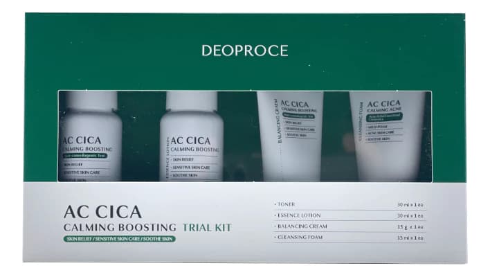 Deoproce Набор для лица с экстрактом центеллы AC Cica Calming Boosting Trial (тонер + лосьон 30мл + крем 15г + пенка 15мл)
