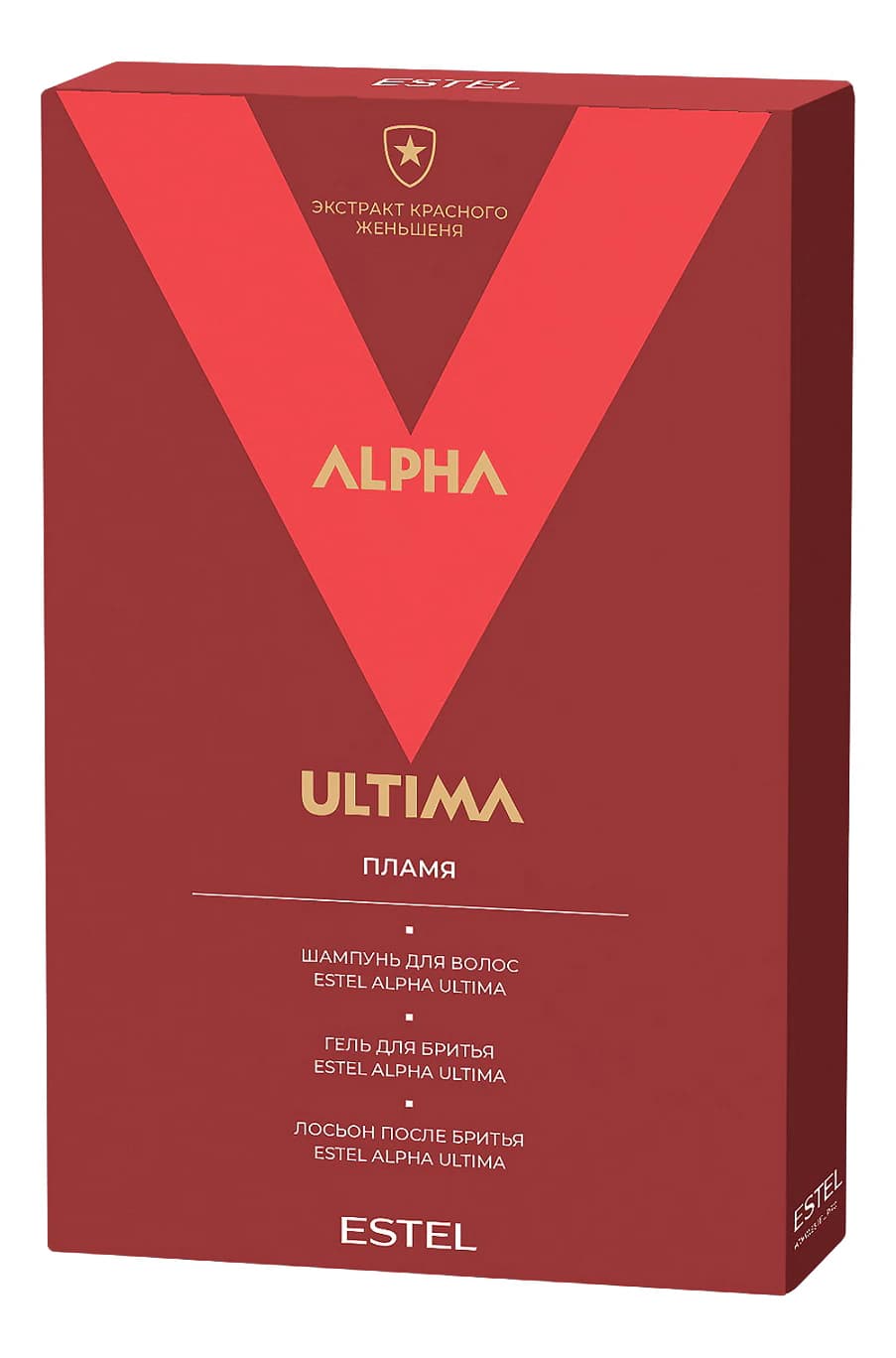 ESTEL Набор с экстрактом красного женьшеня Пламя Alpha Ultima (шампунь + гель д/бритья 100мл + лосьон после бритья 100мл)
