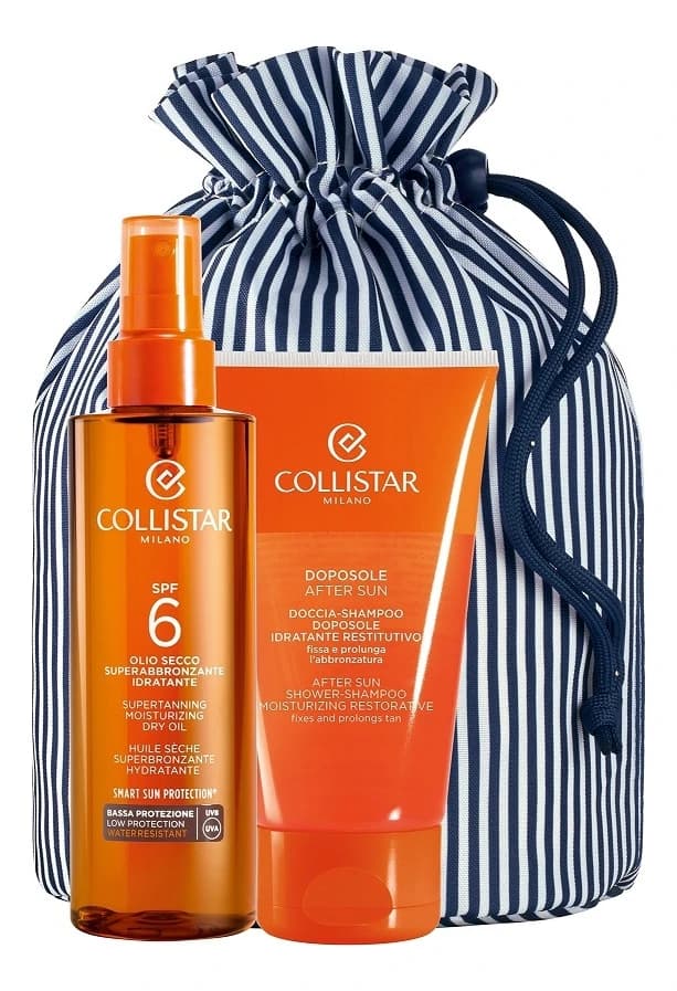 Collistar Набор (масло д/загара Olio Secco SPF6 + шампунь после солнца Doccia-Shampoo Doposole 150мл + сумочка)