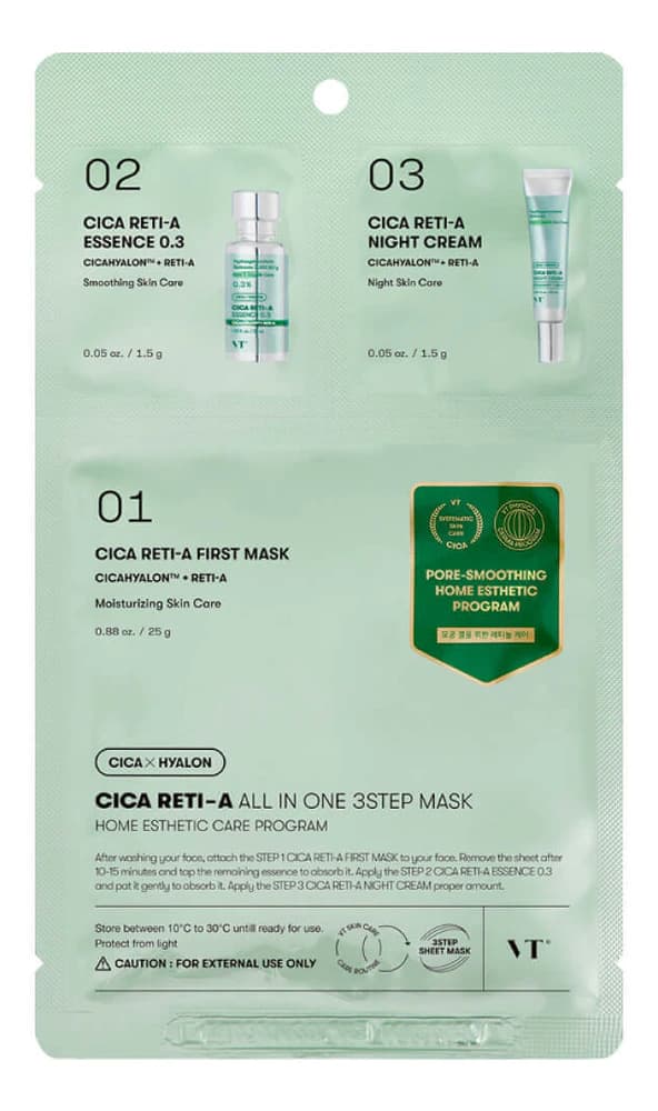 VT Cosmetics Набор для сужения пор с ретинолом Cica Reti-A (маска + бустер-эссенция 1,5г + ночной крем 1,5г