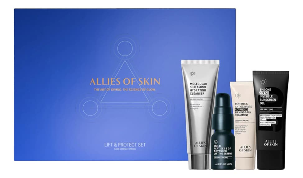 Allies of Skin Набор для лица Lift & Protect (очищающий гель + мультипептидная сыворотка 7мл + пептидный крем 12мл + невидимый солнцезащитный гель 20мл)