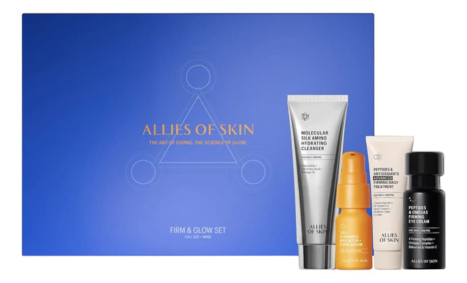 Allies of Skin Набор для лица Firm & Glow (очищающий гель + осветляющая сыворотка 8мл + усиленный пептидный крем 12мл + укрепляющий крем д/глаз 15мл)
