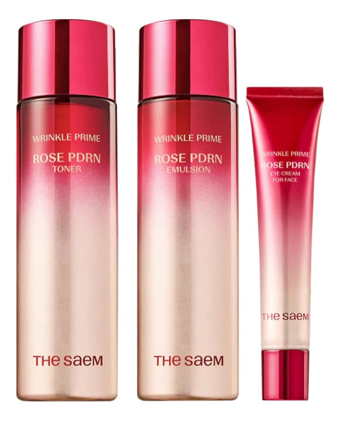 The Saem Набор для лица Wrinkle Prime Rose PDRN Skin Care (тонер + эмульсия 150мл + крем д/кожи вокруг глаз 40мл)