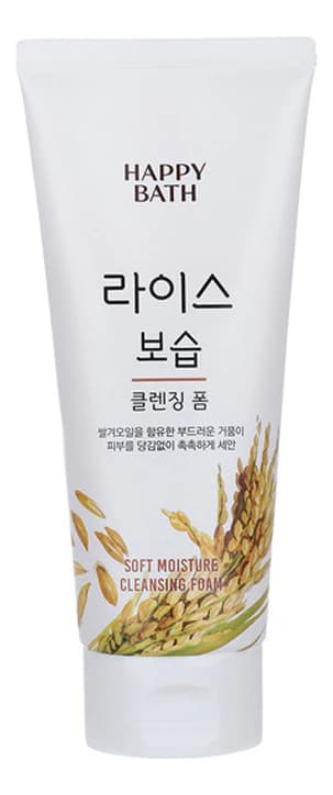 HAPPY BATH Очищающая пенка для лица с маслом рисовых отрубей Soft Moisture Cleansing Foam