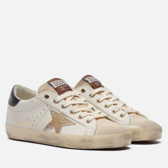 Женские кроссовки Golden Goose Super-Star Gold Swarovski Crystal Star White/Coffee Brown/Seedpearl
