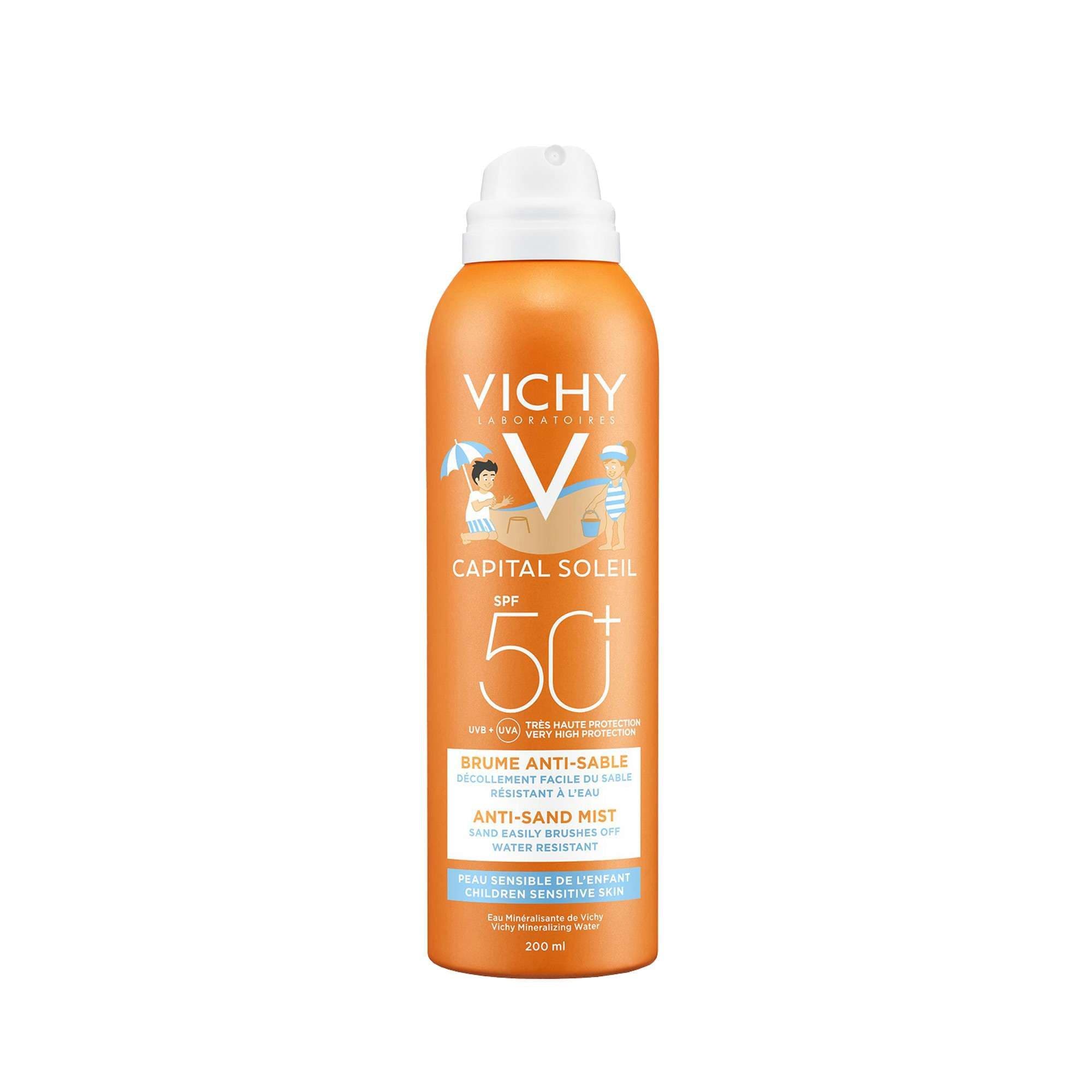 Vichy Capital Soleil Детский солнцезащитный спрей-вуаль антипесок для кожи лица и тела, с витамином Е и термальной водой, защита от солнца SPF 50+