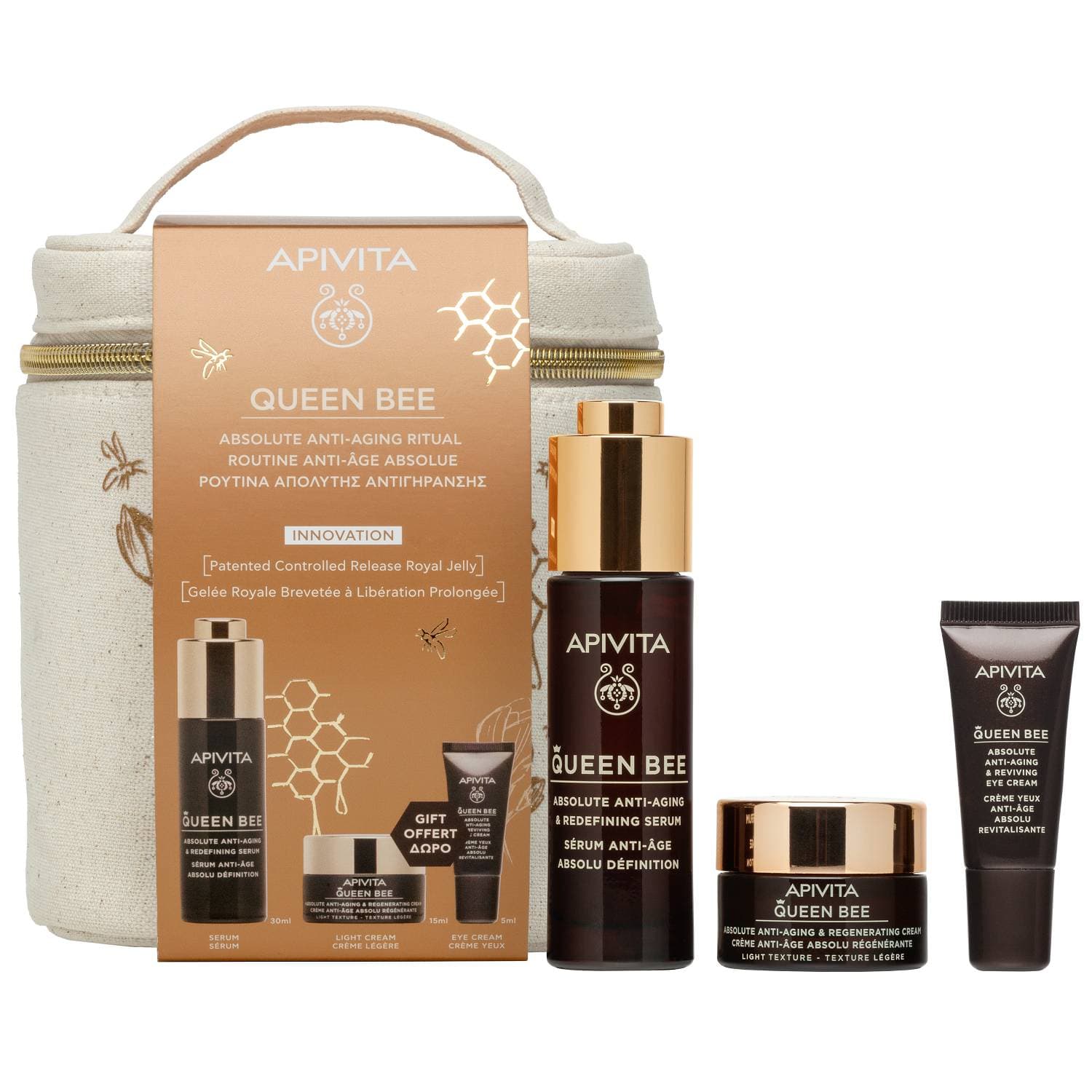 Апивита Набор Anti-Aging: сыворотка + крем легкий 15 мл + крем для век 5 мл (Apivita, Queen Bee