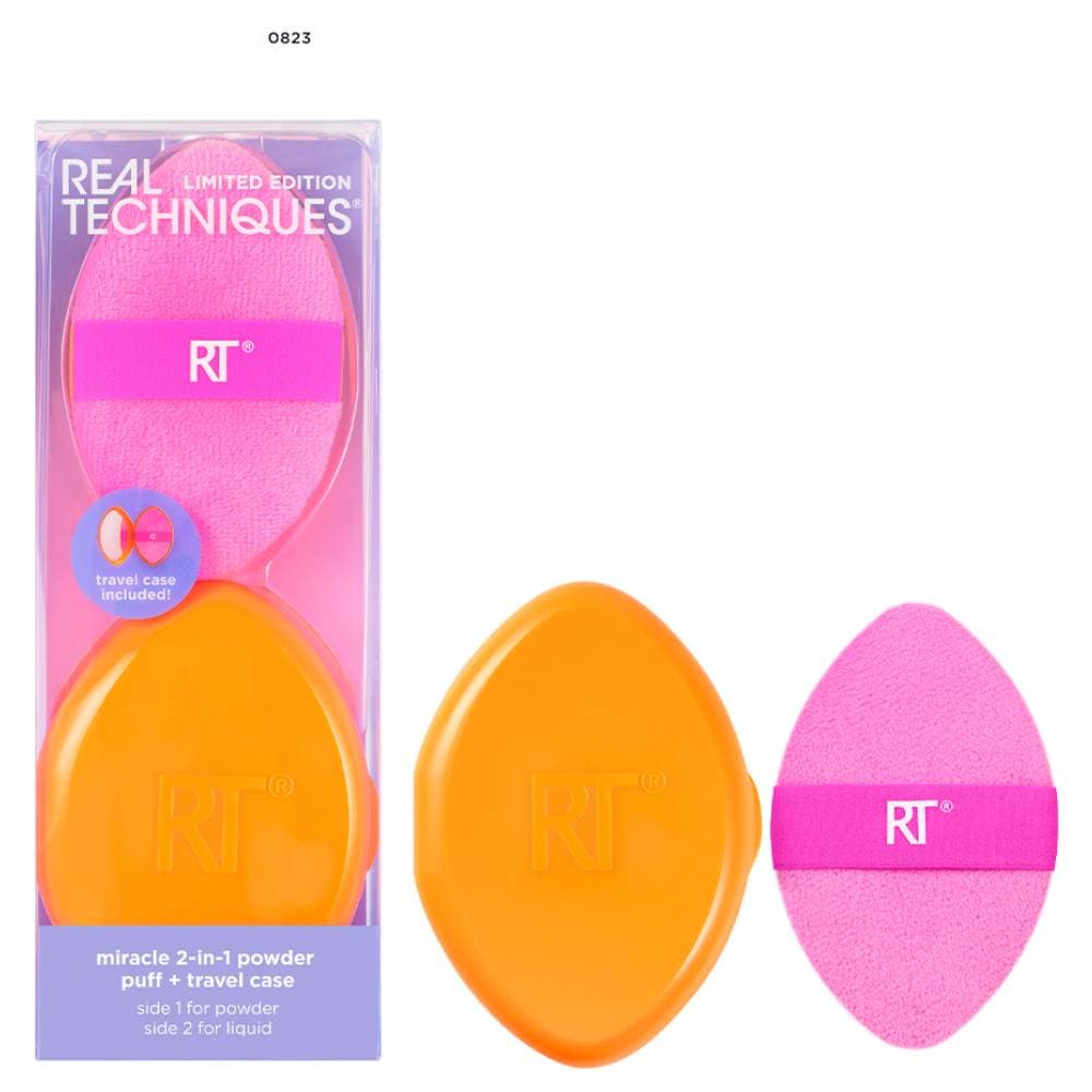 Реал Техникс Двусторонняя пуховка для пудры 2а1 Miracle Powder Puff c футляром (Real Techniques, Night Brights)